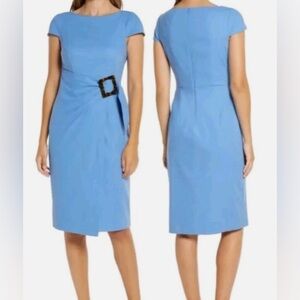 Eliza J Linen Blend Faux Wrap Dress Size 12 Blue Midi Sheath Boat Neck